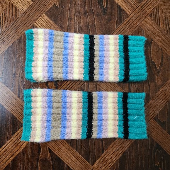 FP Arm Warmer Fingerless Gloves Knit Striped Turquoise & Cornflower Blue Tan - Picture 3 of 5